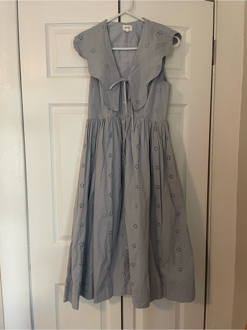 Dahl/AUREUM Powder Blue Eyelet Cotton Midi Dress with Tie Neck